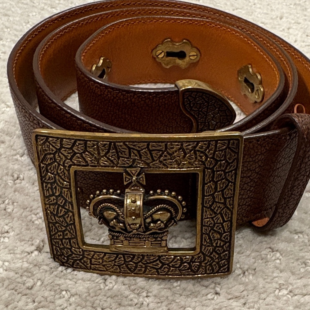 Ralph Lauren Brown Leather Belt with Decorative Gold Crown Buckle - Picture 2 of 8